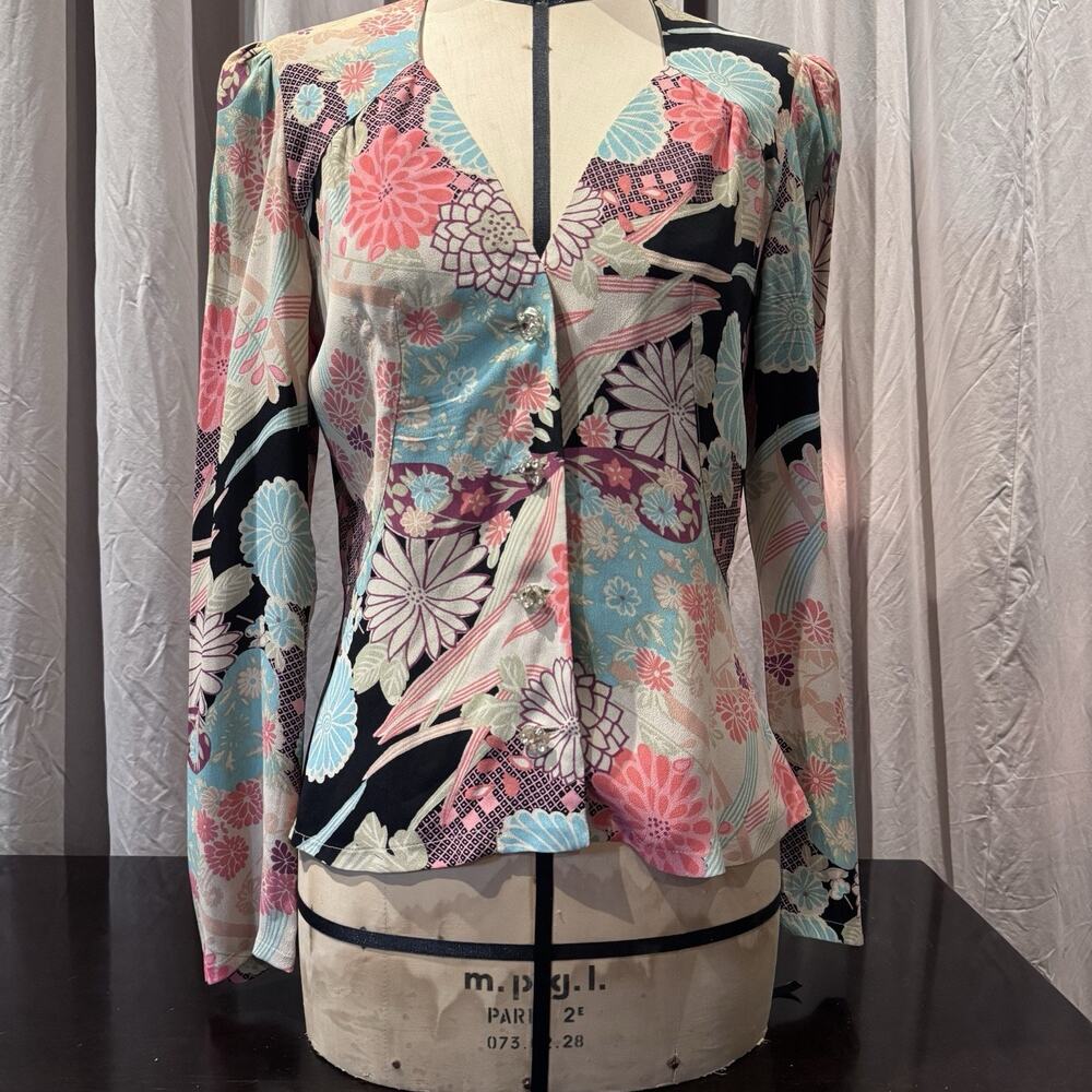 Rare 1970s London Rayon Crepe Floral Peplum Blouse Psychedelic Boutique Vintage